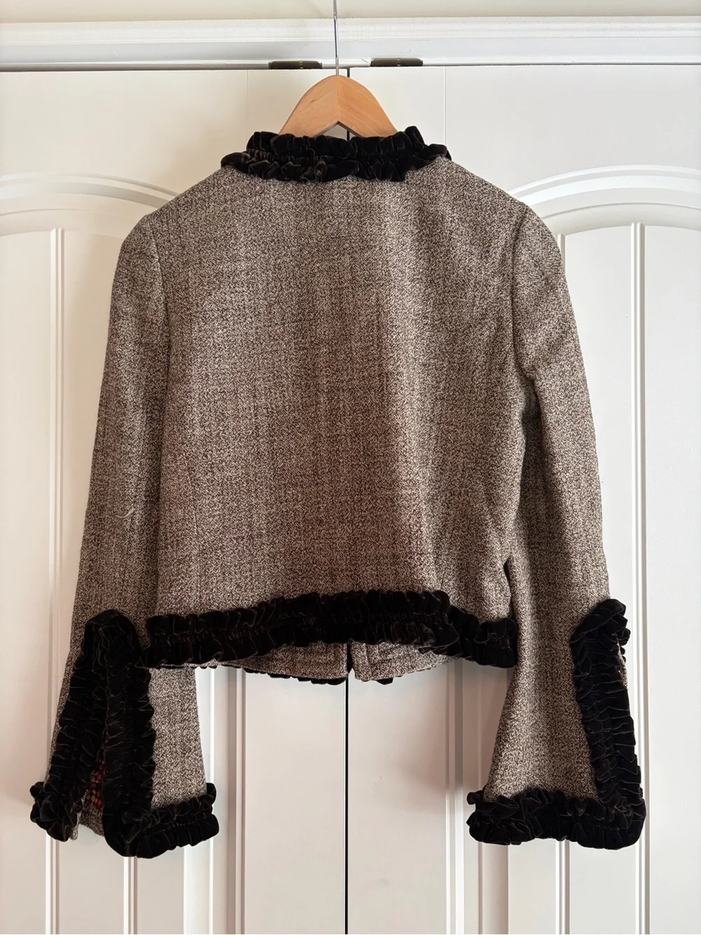 TORY BURCH Brown Tweed Ruffled Velvet Trimmed Collarless Jacket Women's Sz 6 EUC